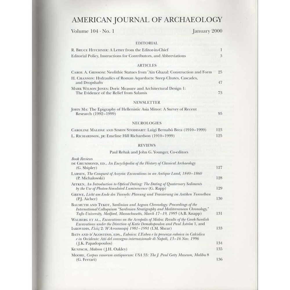 American Journal of Archaeology Jan 2000 Roman Aqueducts Neolithic Statues Doric - Picture 2 of 3